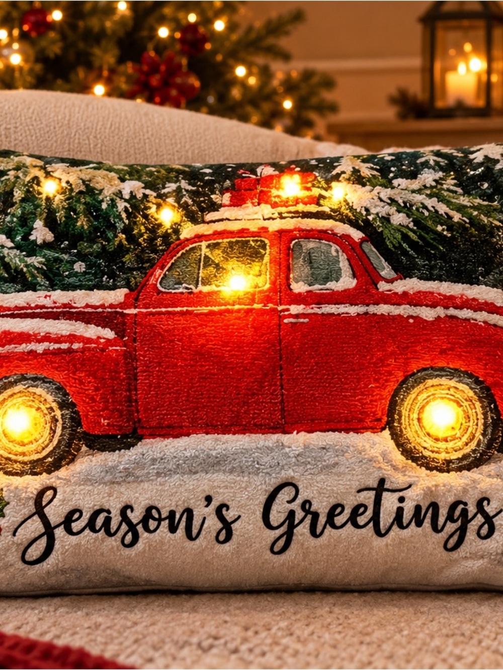 Lighted Red Vintage Truck Holiday Throw Pillow - Season's Greetings